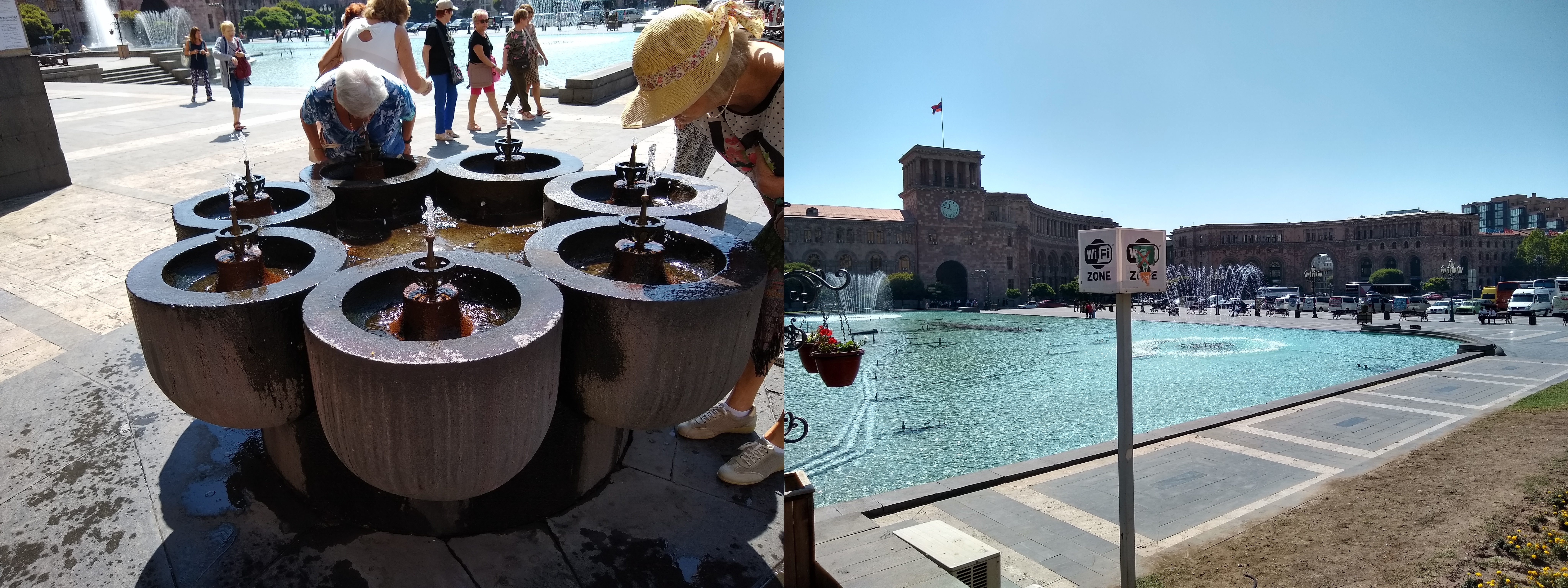 Left Photo of a multi outlet drinking fountain. Right photo of a large water fountain in the middle of a city square