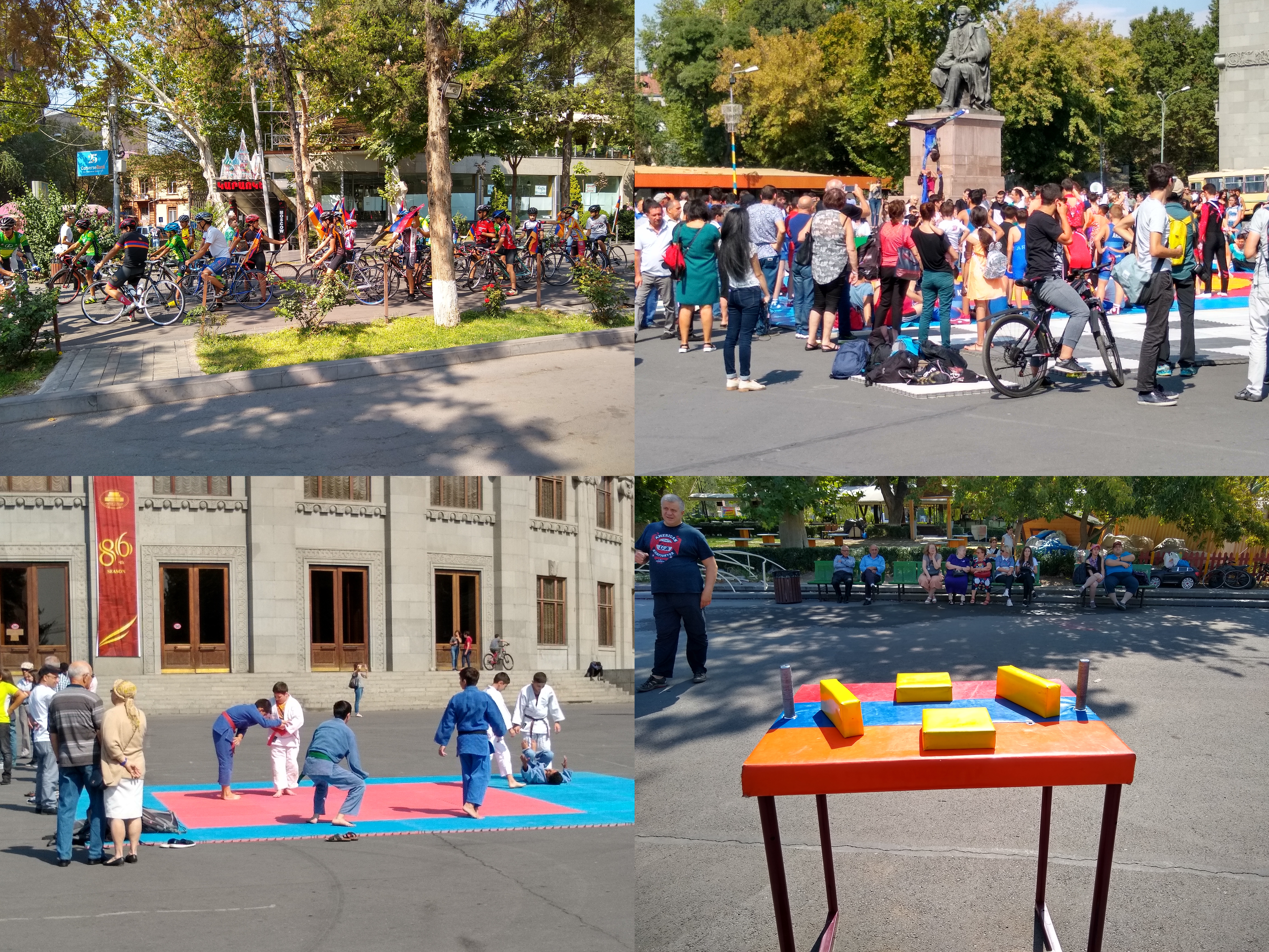 Photos of cycling, gymnastics, arm wrestling stands and a judo fight.