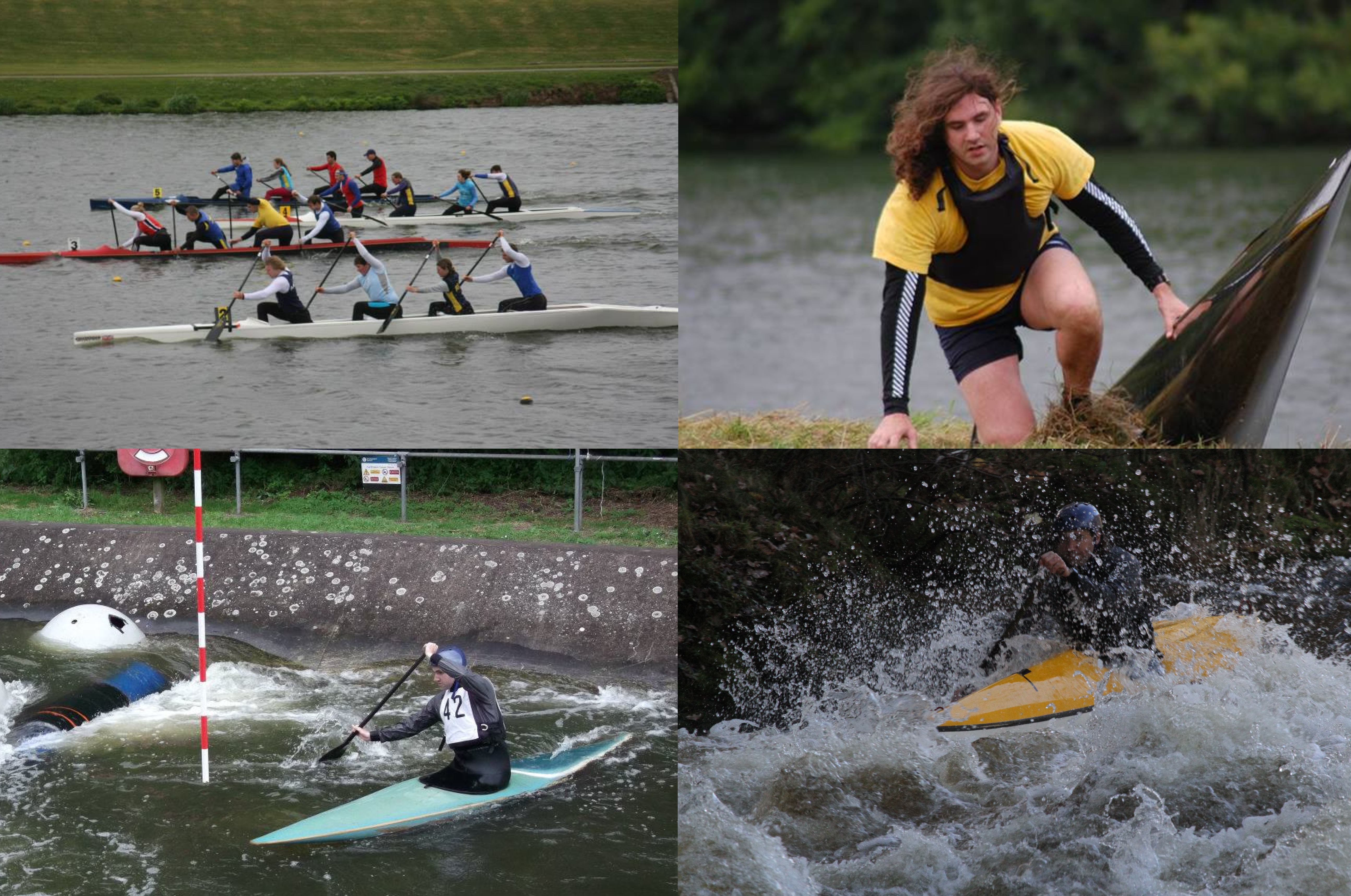 A montage image of Richard doing four different types of canoeing. Clockwise from top left: canoe sprint, canoe marathon, wildwater canoe and canoe slalom.
